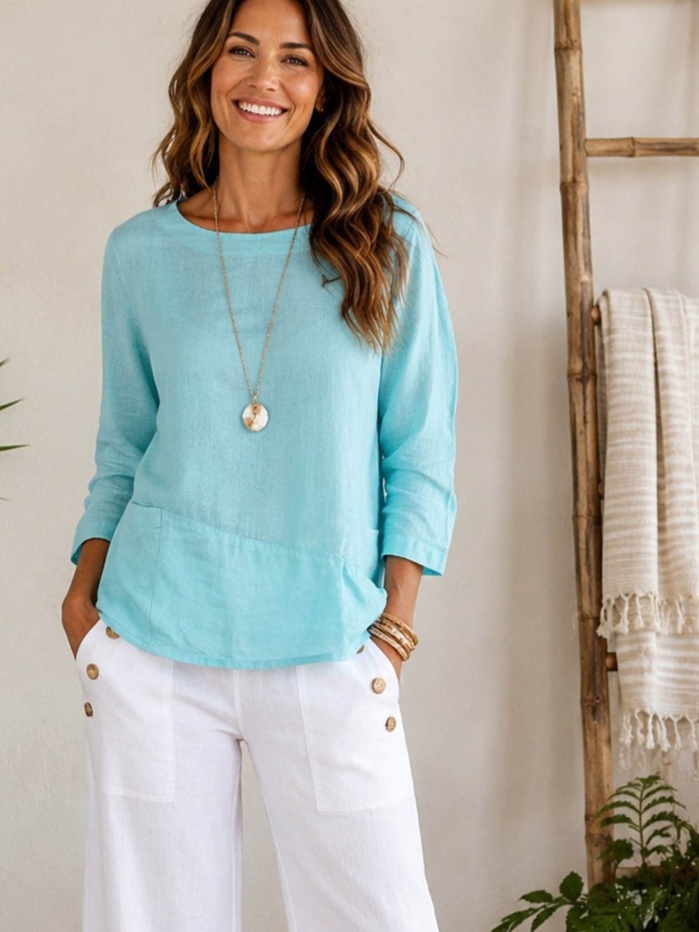 Pure Match Linen Asymmetrical Pocket Tunic Top Aqua Coastal Lagenlook Size S